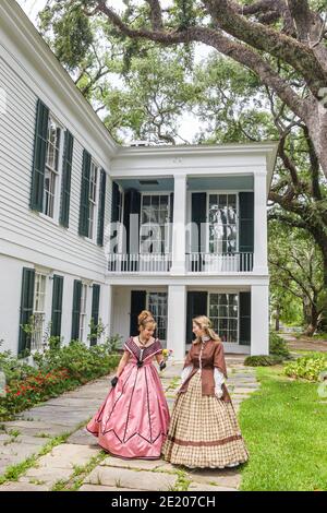 Alabama Mobile Oakleigh Historic Complex 1833 Greek Revival Mansion,woman female women guide guides period dress outfit outside exterior, Stock Photo