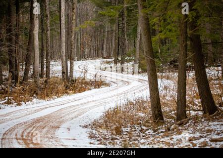 Winter gravel road through a Wausau, Wisconsin forest in January, horizontal Stock Photo