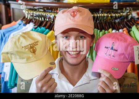 Alabama Greenville Cambrian Ridge Golf Course,Robert Trent Jones Golf Trail golfer player woman female Pro shop,hats caps shopping shopper, Stock Photo