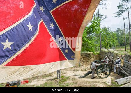 Alabama Historic Blakeley State Park Civil War reenactment,Battle of Blakeley Confederate soldiers flag cannon, Stock Photo