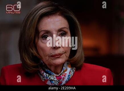 January 10, 2021, Washington, District of Columbia, USA - Speaker of the House NANCY PELOSI is interviewed by Lesley Stahl on the long-running CBS News magazine show, '60 Minutes.' During the interview, Pelosi stated that ''.the person that's running the Executive Branch is a deranged, unhinged, dangerous President of the United States.(Credit Image: © Cbs/60 Minutes/ZUMA Wire) Stock Photo