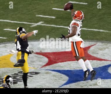 Pittsbugh, United States. 10th Jan, 2021. Cleveland Browns cornerback M.J.  Stewart (36 intercept a pass in the first quarter of the NFL Wild Card  Playoff against the Pittsburgh Steelers at Heinz Field in Pittsburgh on  Sunday, January 10, 2021. Photo by