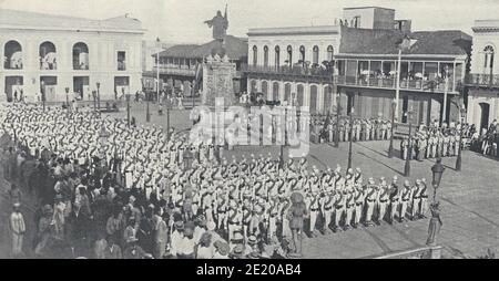 Spanish Infantry marching out of Mayaguez, Puerto Rico during the Spanish American War, 1898 Stock Photo
