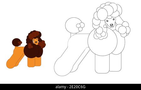 Coloring Cute Cartoon Dog Poodle. Coloring book or cartoon page about funny dog for kids. Cute colorful animal as an example for coloring. Workshop fo Stock Photo