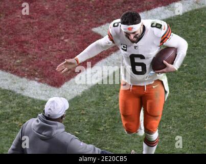 Pittsbugh, United States. 10th Jan, 2021. Cleveland Browns quarterback Baker Mayfield (6) runs off the fields following the 48-37 Cleveland Browns win of the Wild Card game at Heinz Field in Pittsburgh on Sunday, January 10, 2021. Photo by Archie Carpenter/UPI Credit: UPI/Alamy Live News Stock Photo
