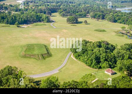 Alabama Moundville Archaeological Park Site,Middle Mississippian Era culture Native American Indian,historical village museum,aerial overhead view,pla Stock Photo