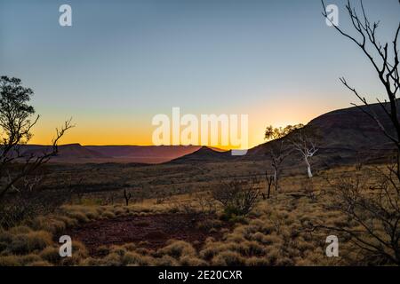 Sunrise behind Mount Bruce, Karijini National Park, Western Australia Stock Photo