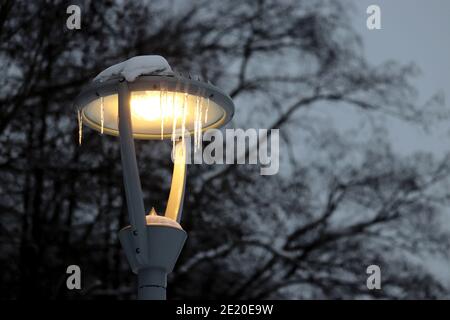 Glowing led lamp covered in icicles on winter trees background. Electric lighting at evening, energy-saving street lantern Stock Photo