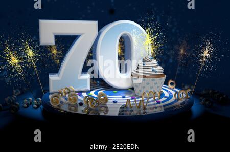 Cupcake with sparkling candle for 70th birthday or anniversary with big number in white with yellow streamers on blue table with dark background full Stock Photo