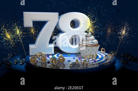 Cupcake with sparkling candle for 78th birthday or anniversary with big number in white with yellow streamers on blue table with dark background full Stock Photo