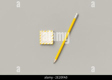 Yellow stickers with pencil on gray background. Top view flat lay back to school education concept Stock Photo