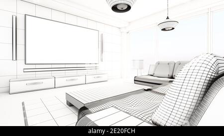 Modern living room wireframe rendering. 3D illustration. Stock Photo