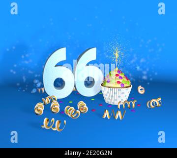 Cupcake with sparkling candle for birthday or anniversary 66 with the big number in white with yellow streamers on the blue background. 3d illustratio Stock Photo