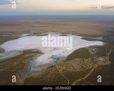 Top view of a saline landscape. Dry salt lake in steppe. Stock Photo