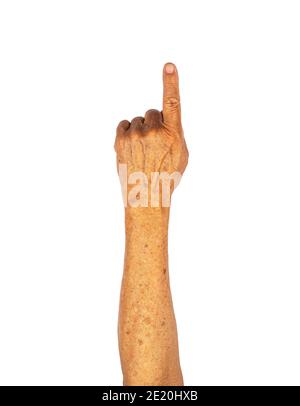 One or index finger pointing by senior hand isolated on white background with clipping path Stock Photo