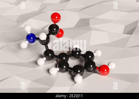 Tyrosine (l-tyrosine, Tyr, Y) amino acid molecule. 3D rendering. Atoms are shown as spheres with conventional color coding: hydrogen white, carbon bla Stock Photo