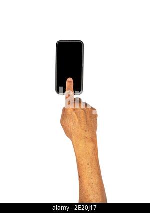 Senior hand clicking on empty black smart phone isolated on white background with clipping path Stock Photo