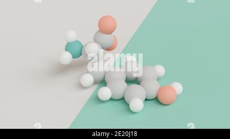 Tyrosine (l-tyrosine, Tyr, Y) amino acid molecule. 3D rendering. Atoms shown as color-coded spheres (oxygen pink, nitrogen teal, carbon light grey, hy Stock Photo