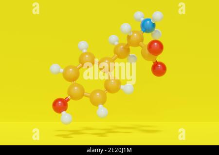 Tyrosine (l-tyrosine, Tyr, Y) amino acid molecule. 3D rendering. Ball and stick molecular model with atoms shown as color-coded spheres: hydrogen (whi Stock Photo