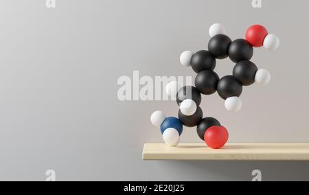 Tyrosine (l-tyrosine, Tyr, Y) amino acid molecule. 3D rendering. Atoms are shown as spheres with conventional color coding: hydrogen white, carbon bla Stock Photo