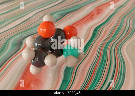 Threonine (l-threonine, Thr, T) amino acid molecule. 3D rendering. Scaled sphere molecular model shown floating just above a liquid paint surface. Col Stock Photo