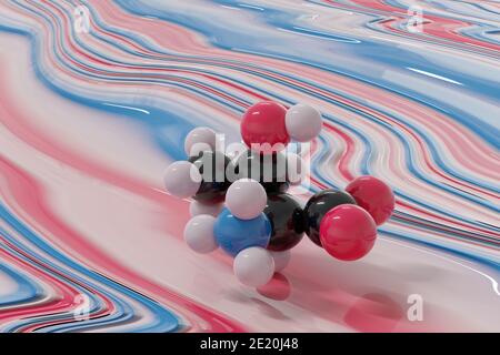 Threonine (l-threonine, Thr, T) amino acid molecule. 3D rendering. Scaled sphere molecular model shown floating just above a liquid paint surface. Col Stock Photo