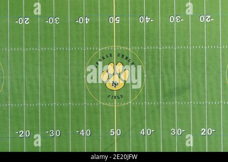 An aerial view of Panther logo at midfield of George Hurley football ...