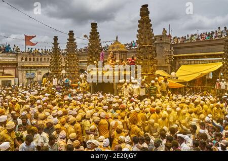 Bhandara the turmeric or haldi showering festival of jejuri Maharashtra, India. Stock Photo