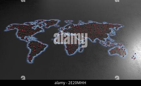 A flat world map with glowing blue halftone edges on a black textured background showing red corona virus particles distributed across the world - 3D Stock Photo