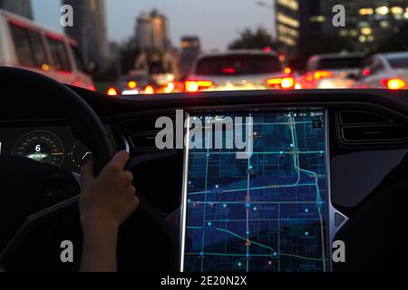 Displayed on the screen when the car driving conditions Stock Photo