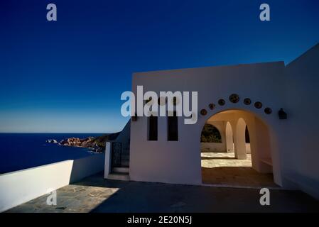 traditional white island church, located on the island of Skiathos in Greece. Saint Alexander. Stock Photo