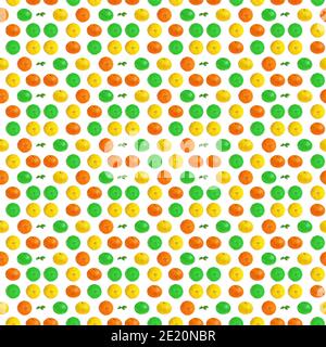 Colorful seamless pattern of fresh green, yellow, orange tangerines. Citrus fruit on white background. Stock Photo