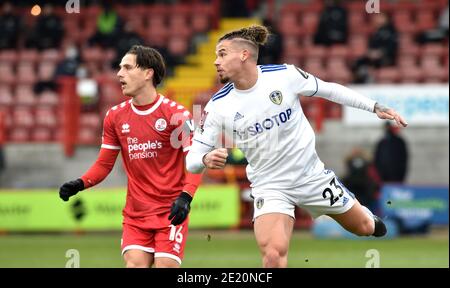 Kalvin Phillips of Leeds (right) heads clear during the Emirates FA Cup Third Round match between Crawley Town and Leeds United at the People's Pension Stadium   , Crawley ,  UK - 10th January 2021 - Editorial use only. No merchandising. For Football images FA and Premier League restrictions apply inc. no internet/mobile usage without FAPL license - for details contact Football Dataco Stock Photo