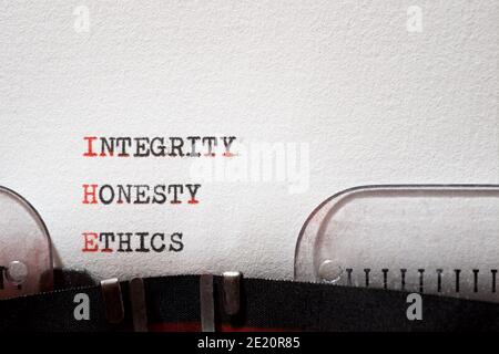 Integrity honesty and ethics written with a typewriter. Stock Photo