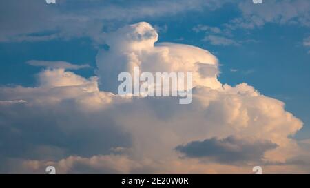 Massive rain cloud - cumulus congestus or towering cumulus - forming in the blue sky. Stock Photo