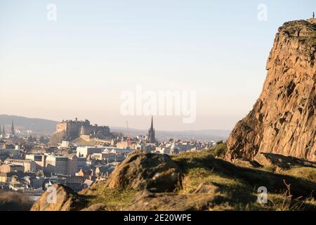 A panoramic view of Scotland capital city Edinburgh from the Salisbury Crags. Stock Photo