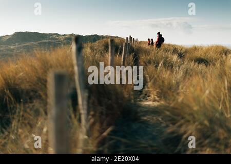 family enjoying the view at the dunes in the nature park of Westhoek at the north sea in De Panne, Belgium Stock Photo