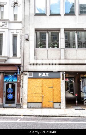 11th July 2020 - Closed and boarded up Eat sandwiches food chain in Fleet Street, London, UK Stock Photo