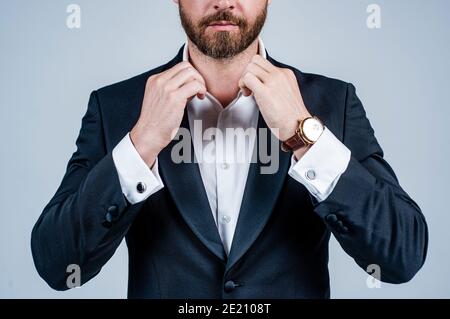 Pranking himself out in best attire. Man wear formal suit cropped view. Business attire. Formalwear and dress code. Classy fashion style. Menswear collection. Stock Photo