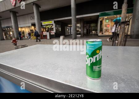 BELGRADE, SERBIA - MAY 30, 2018: Sprite logo on a cans displayed in a street. Sprite is a lemon and lime soda brand of lemonade, part of the Coca Cola Stock Photo