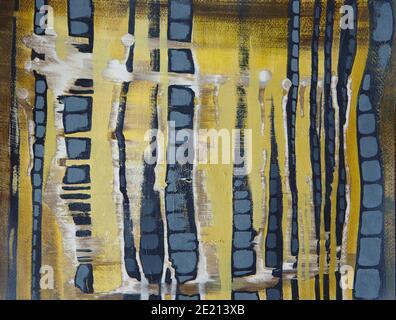Abstract painting of vertical tree trunks in yellow and blue Stock Photo