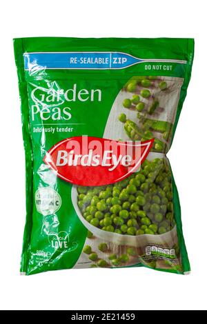 Pack of frozen Birds Eye Garden peas deliciously tender isolated on white background - bag of Frozen peas, Birdseye Stock Photo