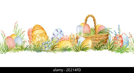 Seamless border with spring easter concept. Watercolor border with baskets and easter eggs isolated on white background. For decor, print, wallpaper, Stock Photo