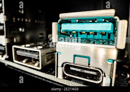 Ports and outputs at computer system unit macro Stock Photo