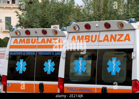 Italian ambulance parked in front of the emergency room in the hospital Stock Photo