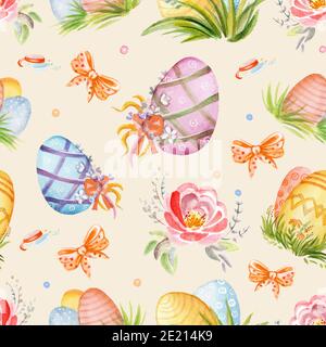 Seamless pattern with spring easter concept. Watercolor pattern with easter eggs, ribbons and flowers isolated on sunlight background. For decor, prin Stock Photo