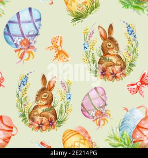Seamless pattern with spring easter concept. Watercolor pattern with cute rabbits and easter eggs isolated on chive background.For decor, print, wallp Stock Photo