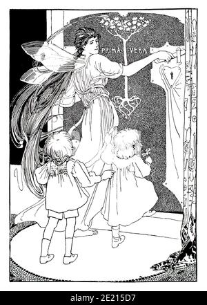 Fairy opening door, book illustration from To tell the King the Sky is Falling (Blackie & Son), by artist Alice B Wooward, from 1897 The Studio an Ill Stock Photo