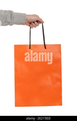 hand of man carrying shopping bags on white background Stock Photo