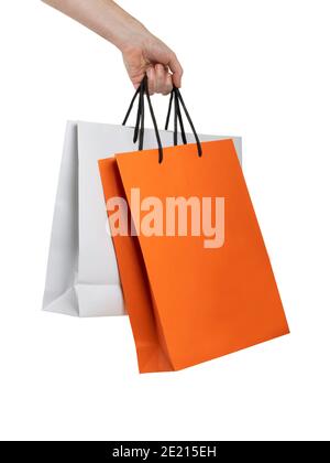 hand of man carrying shopping bags on white background Stock Photo